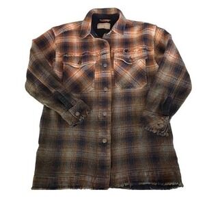 We‎ The Free Plaid Flannel Shirt Jacket Distressed Orange Blue Size S